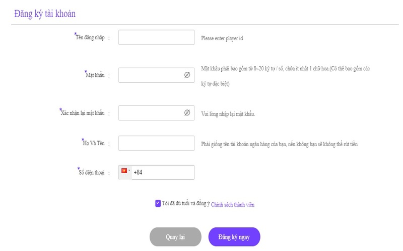 Điền họ và tên, năm sinh, tên tài khoản, mật khẩu đăng nhập,... khi đăng ký Bet88