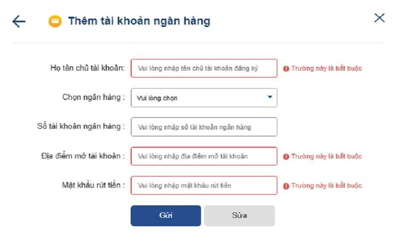 Người chơi cần cung cấp họ và tên, chọn ngân hàng giao dịch,... khi rút tiền Bet88